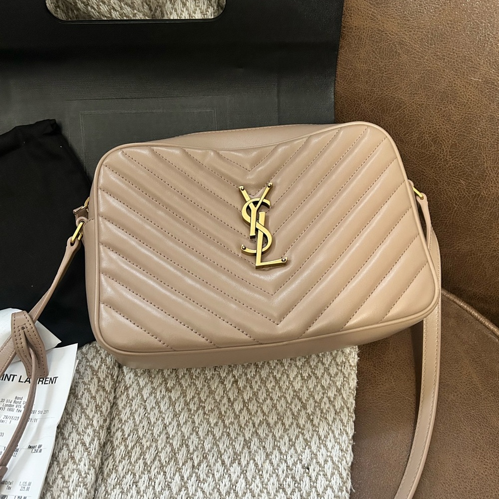 Saint Laurent Quilted Camera Bag in Beige Taupe with Gold Hardware